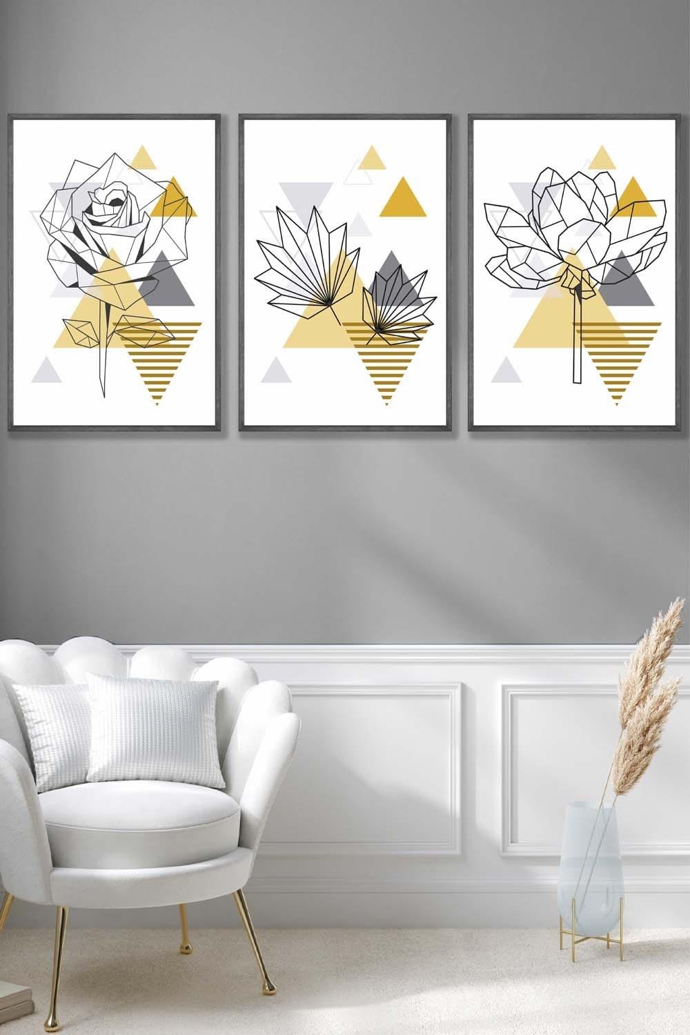 Framed Yellow and Grey Geometric Flowers Framed Wall Art - Large